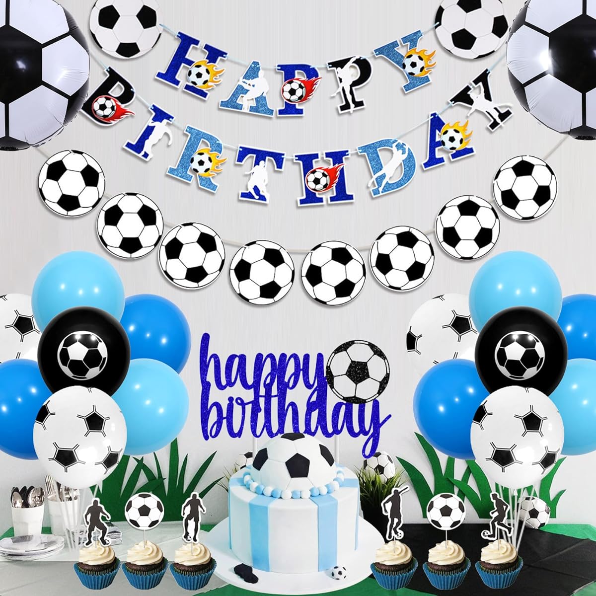 Balterever Soccer Birthday Party Decorations for Boys Soccer Theme Happy Birthday Banner Garland Soccer Birthday Cake Cupcake Toppers Soccer Balloons Sports Theme Football Theme Party Supplies