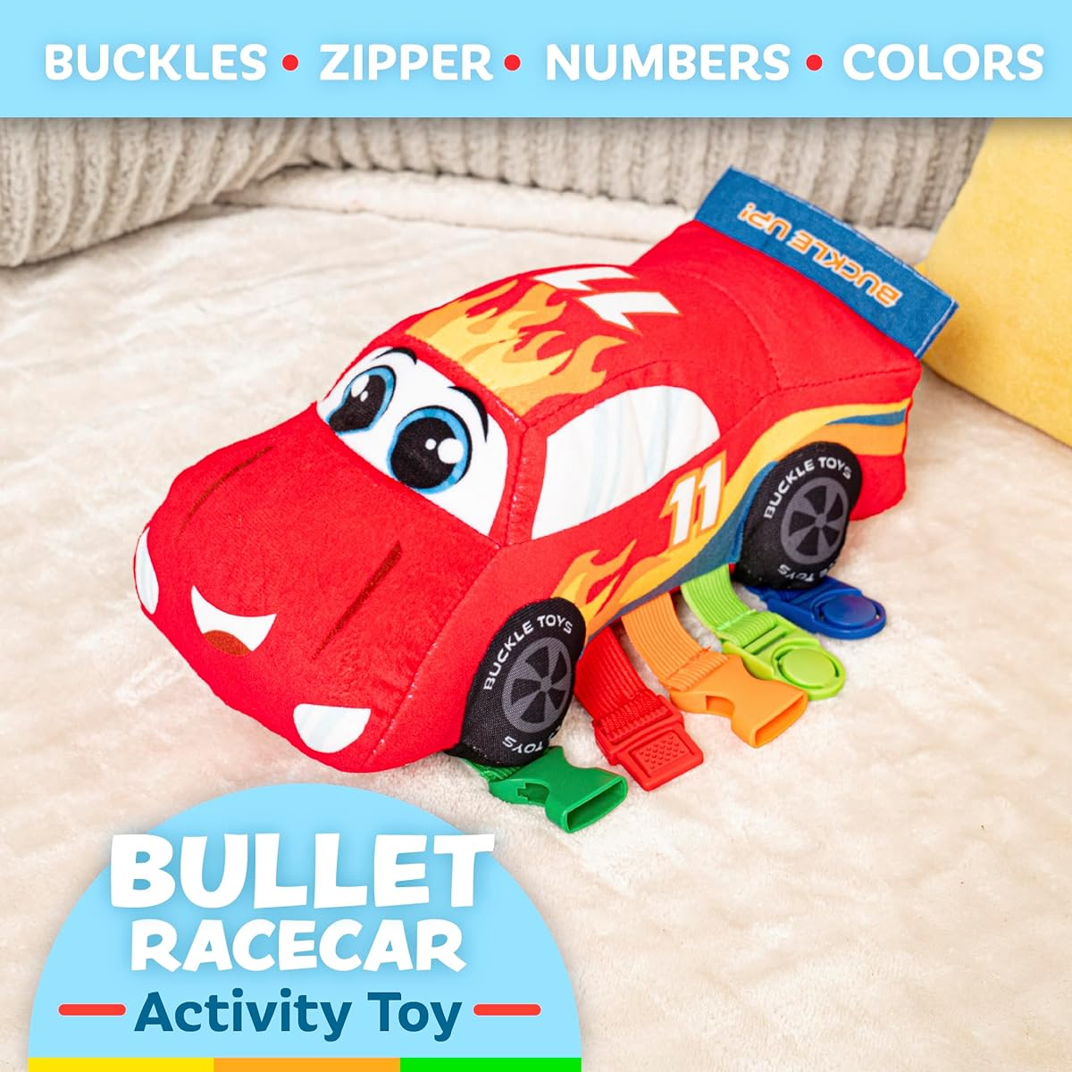 Buckle Toys - Bullet Race Car - Fine Motor Skill Development - Sensory Learning Activity Toy - Air Travel Essentials for Toddlers