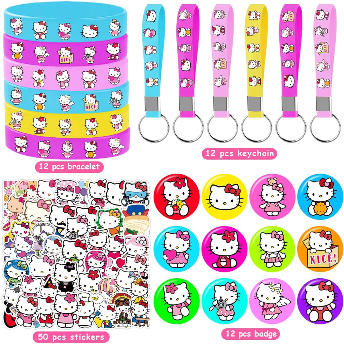 AVONO Hello Kitty Birthday Party Supplies, 86 Pack Party Favors, 12 Bracelets, 12 Button Pins, 12 Key Chains, 50 Stickers, Girls Hello Kitty Theme Party Gifts