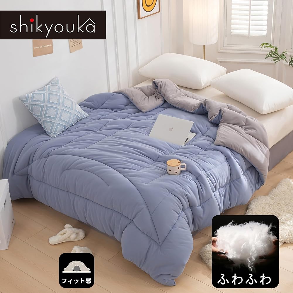 Shikyouka Antibacterial Anti-mite Comforter Single Winter Comforter Soft and Comfortable Fluffy Warm Peach Skin Four Seasons Comforter (170x210cm, Blue/Gray)