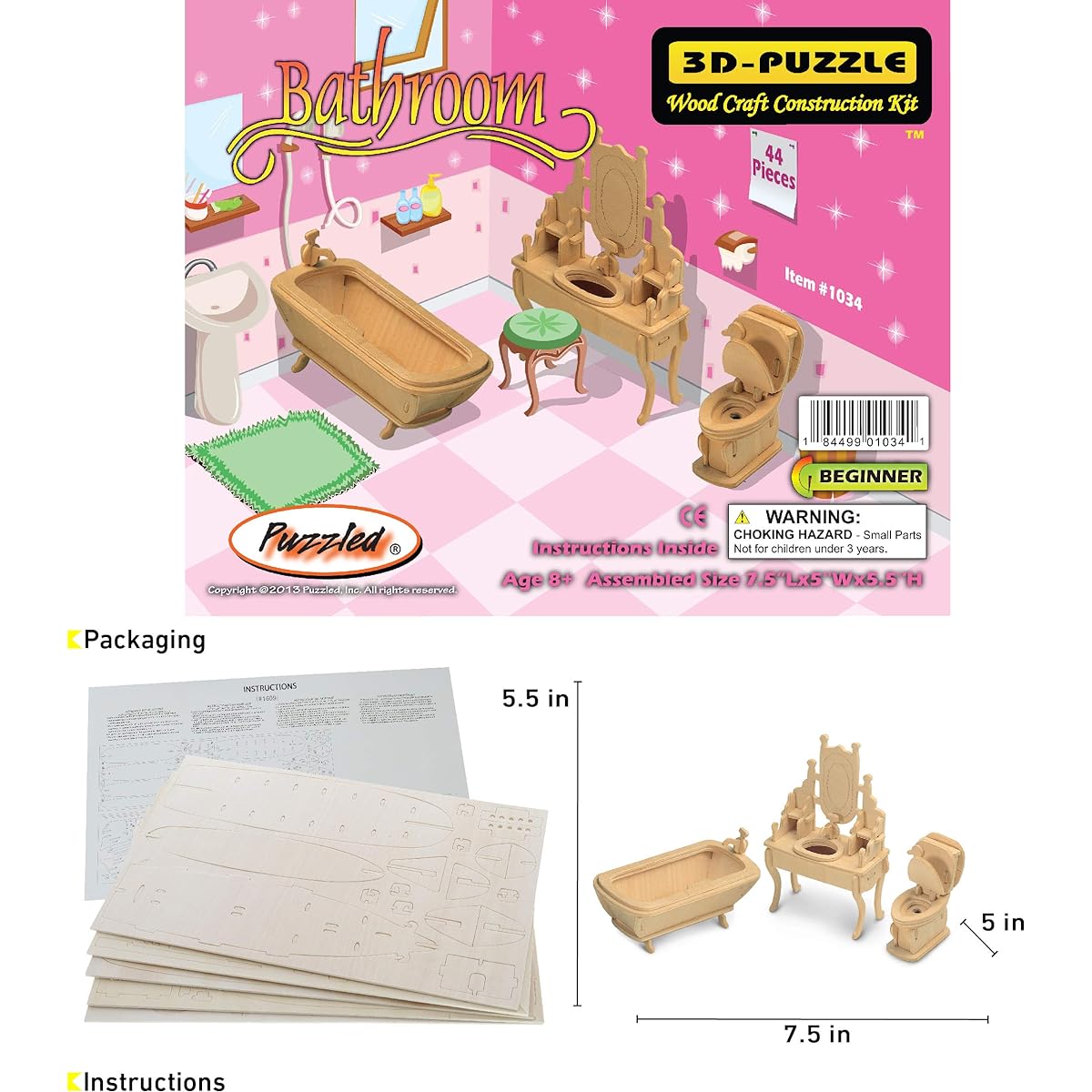 Puzzled Bathroom Dollhouse Furniture Set 3D Wood Construction Kit (1/4 Scale) by Puzzled