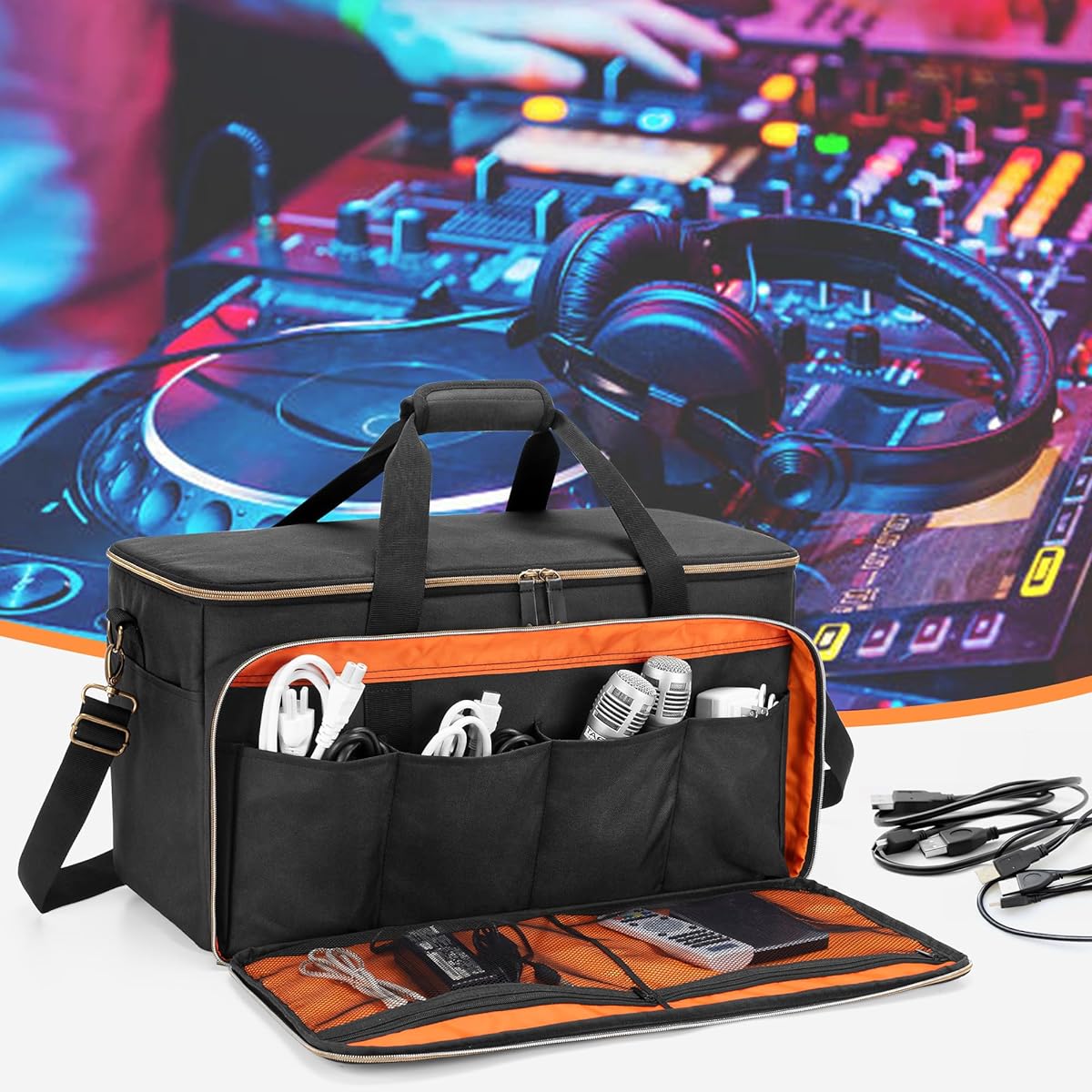 Trunab Large Travel DJ Cable File Bag with Removable Inner Dividers and Padded Compartments for 15.6" Laptop Cable Organizer Bag for Cords/Sound Equipment/DJ Gear/Musician Accessories