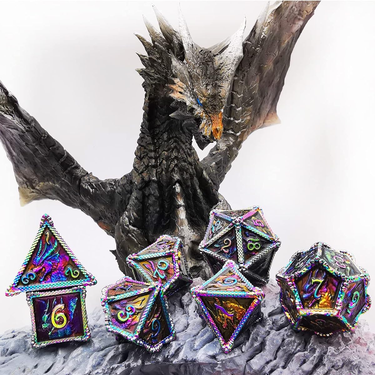 HAOMEJA DND Dice Metal Dragon Set 7 Role Playing Dice D&D Solid Dice Dungeons & Dragons (Colorful Black)