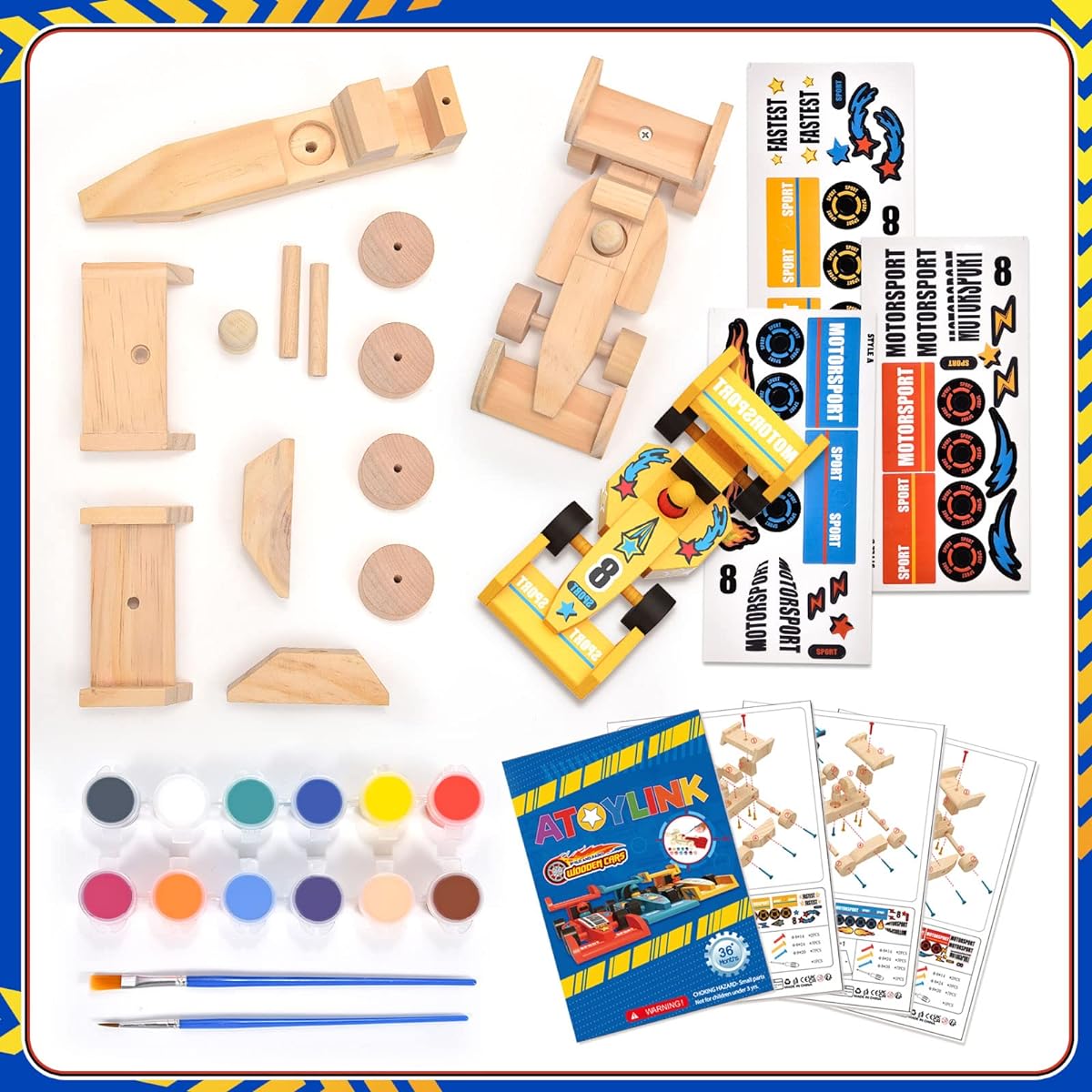Atoylink DIY Wooden Car Craft for Kids Build & Paint Your Own Race Car 3 Pack Model Car Kit Woodworking Arts & Crafts for Boys Girls Gifts