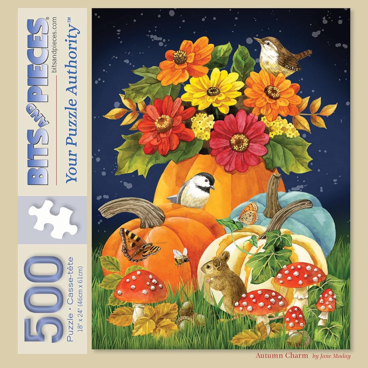 Bits and Pieces - 500 Piece Jigsaw Puzzle for Adults 18" x 24" - Fall Charms - 500 Piece Fall Pumpkins Woodland Creatures Jigsaw by Jane Madey