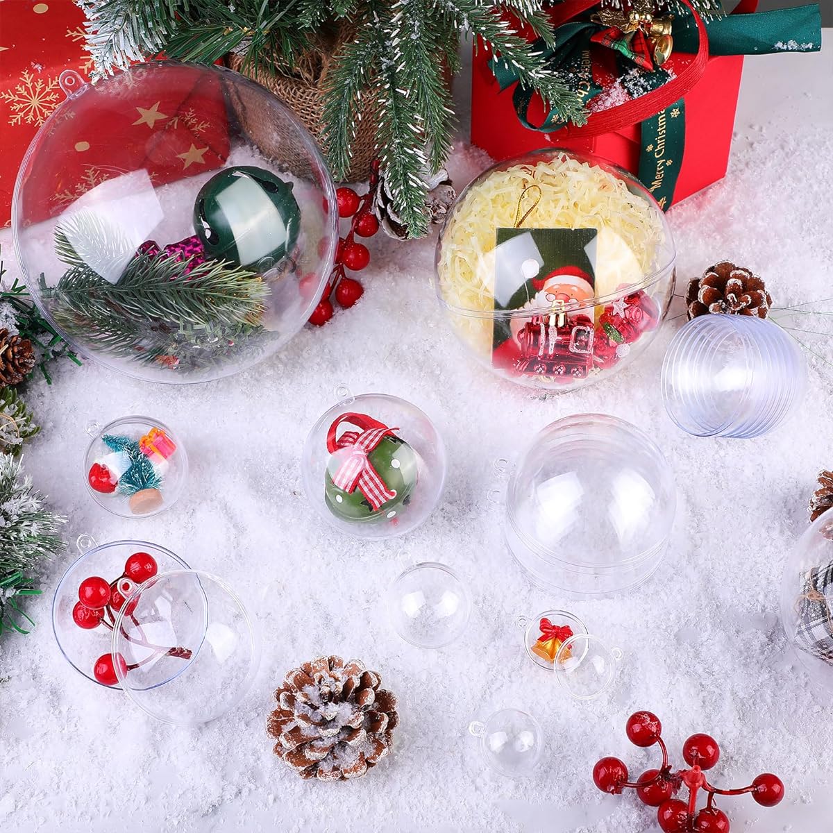 Wettarn Christmas Clear Plastic Fillable Ornament Balls, Bulk Transparent Balls for DIY Crafts/Christmas Tree Decorations, Holiday/Wedding/Party/Home Decorations (200pcs 30/40/50/60/70/80/100/120mm)