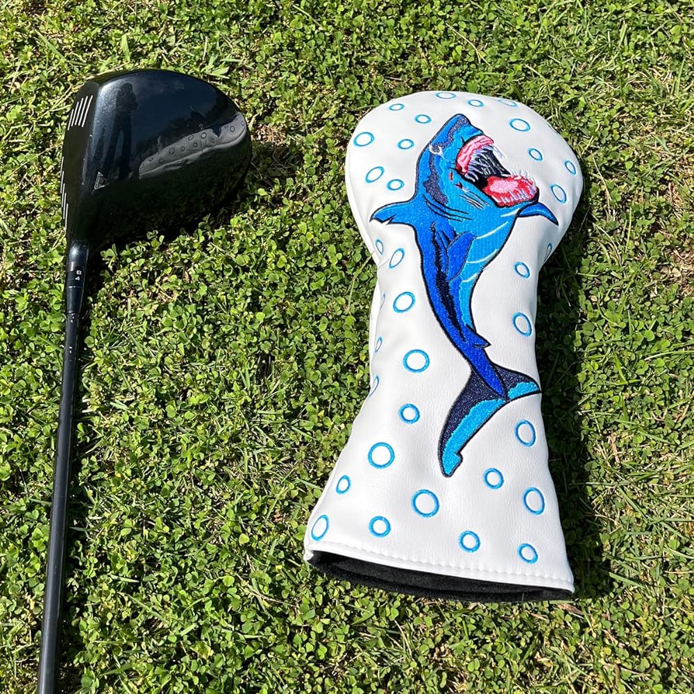 Golf club head cover, luxury shark embroidery for golf drivers, fairway wood head cover, hybrid, single item/set of 3 for wood PU leather golf head cover Golf fairway head cover Golf club head cover for FW, UT, wood head cover #3/# 5/#X compatible shark