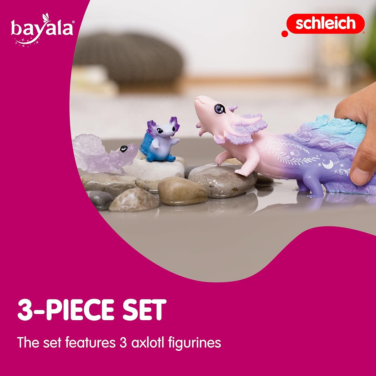 Schleich bayala, 3-Piece Set. Axolotl Salamander Toys for Girls and Boys, Axolotl Discovery Playset with Mom and Babies, Ages