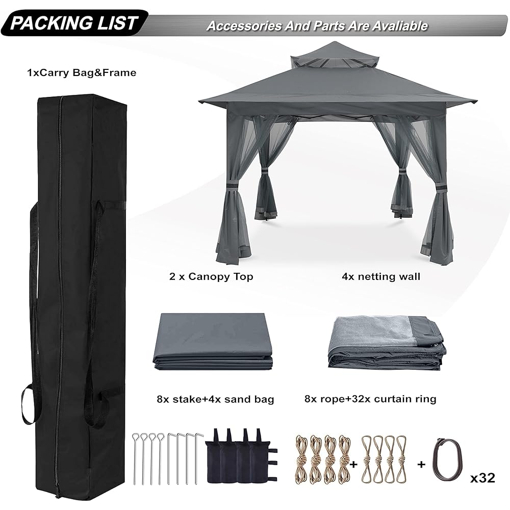 ABCCANOPY One Touch Tarp Tent 3mx3m with Center Lock, 4 Side Sheets, Mesh Screen, Mosquito Net Tent, Insect Repellent, Bug Guard, Large Easy Tent (Gray)