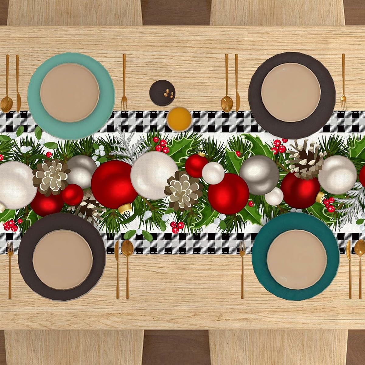 Jiudungs Linen Black and White Buffalo Check Plaid Christmas Table Runner 90" Long Farmhouse Winter Christmas Xmas Holiday Home Kitchen Table Decorations
