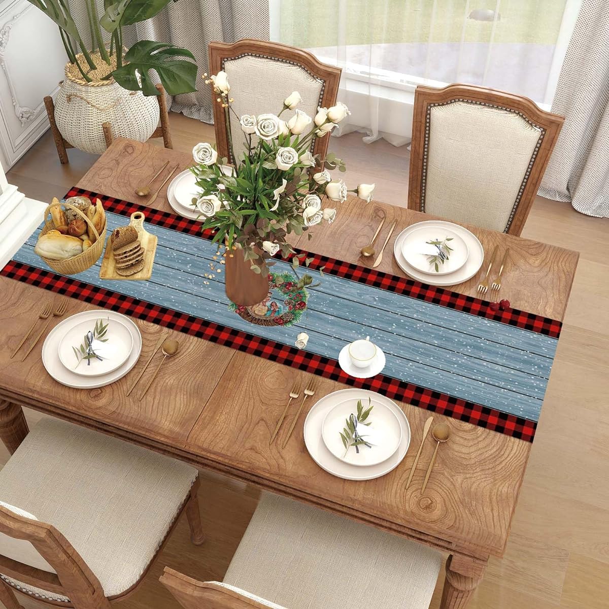 Jiudungs Linen Red and Black Buffalo Check Checkered Christmas Red Truck Table Runner 72" Long Winter Christmas Xmas Holiday Farmhouse Table Decorations
