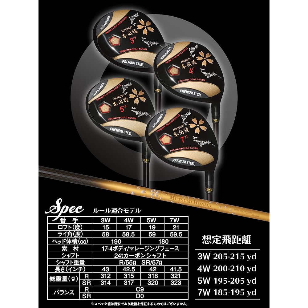Mutsumi Honma MH500X2 Fairway Wood Carbon Shaft with Head Cover (15, SR)