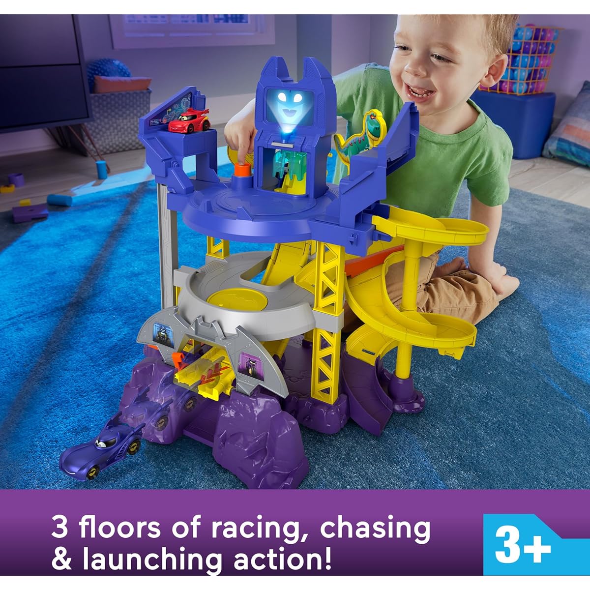 Fisher-Price DC Batwheels Toy Car Race Track Playset Launch & Race Batcave with Lights & Sounds Bam The Batmobile & Redbird Vehicles Ages 3+