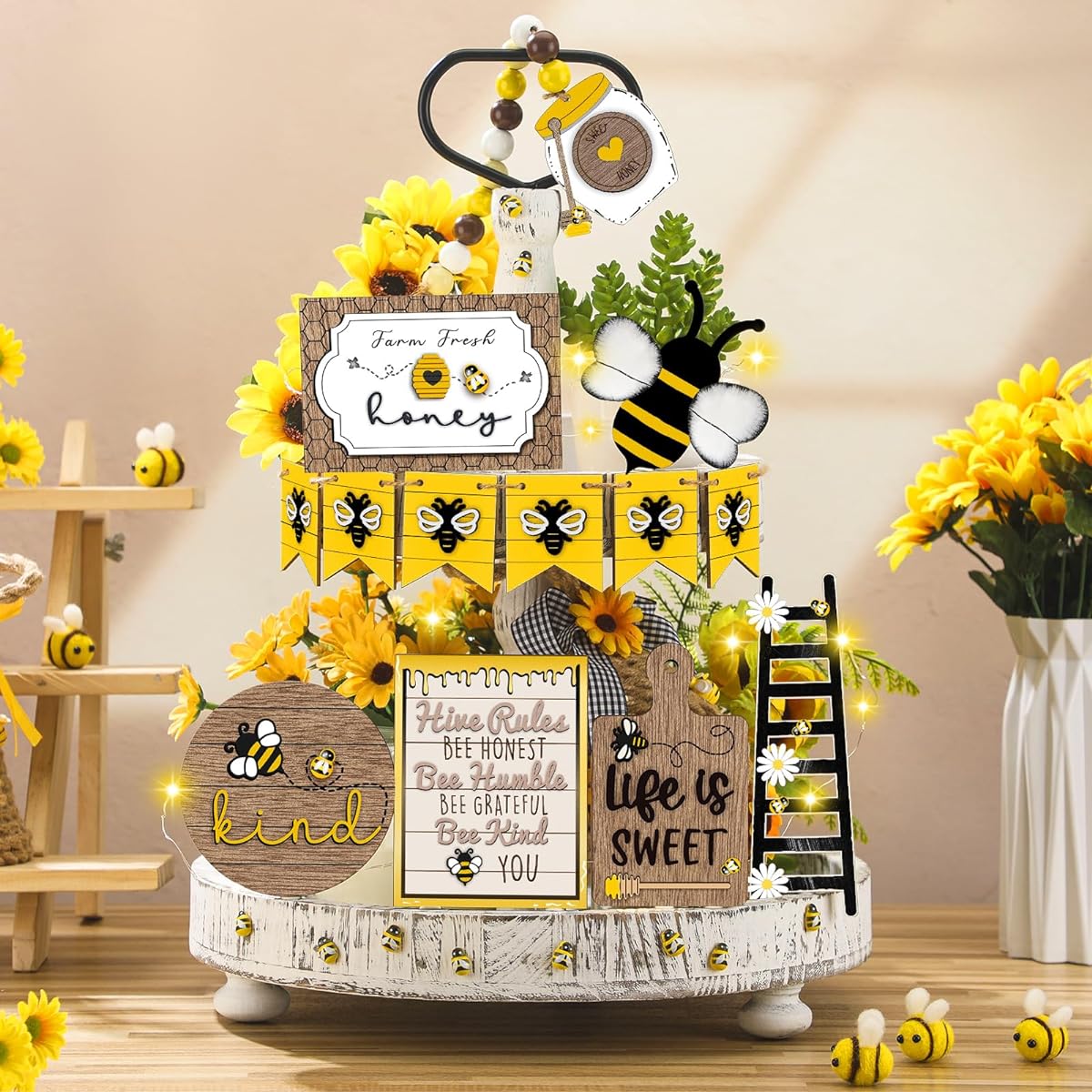 Seeloowy 21 Pieces Bee Tiered Tray Decor Set Bee Tree Table Sign Spring Nest Honey Table Top Decor Summer Farmhouse Centerpiece Decor Kitchen Party Favors for Home Table Shelf