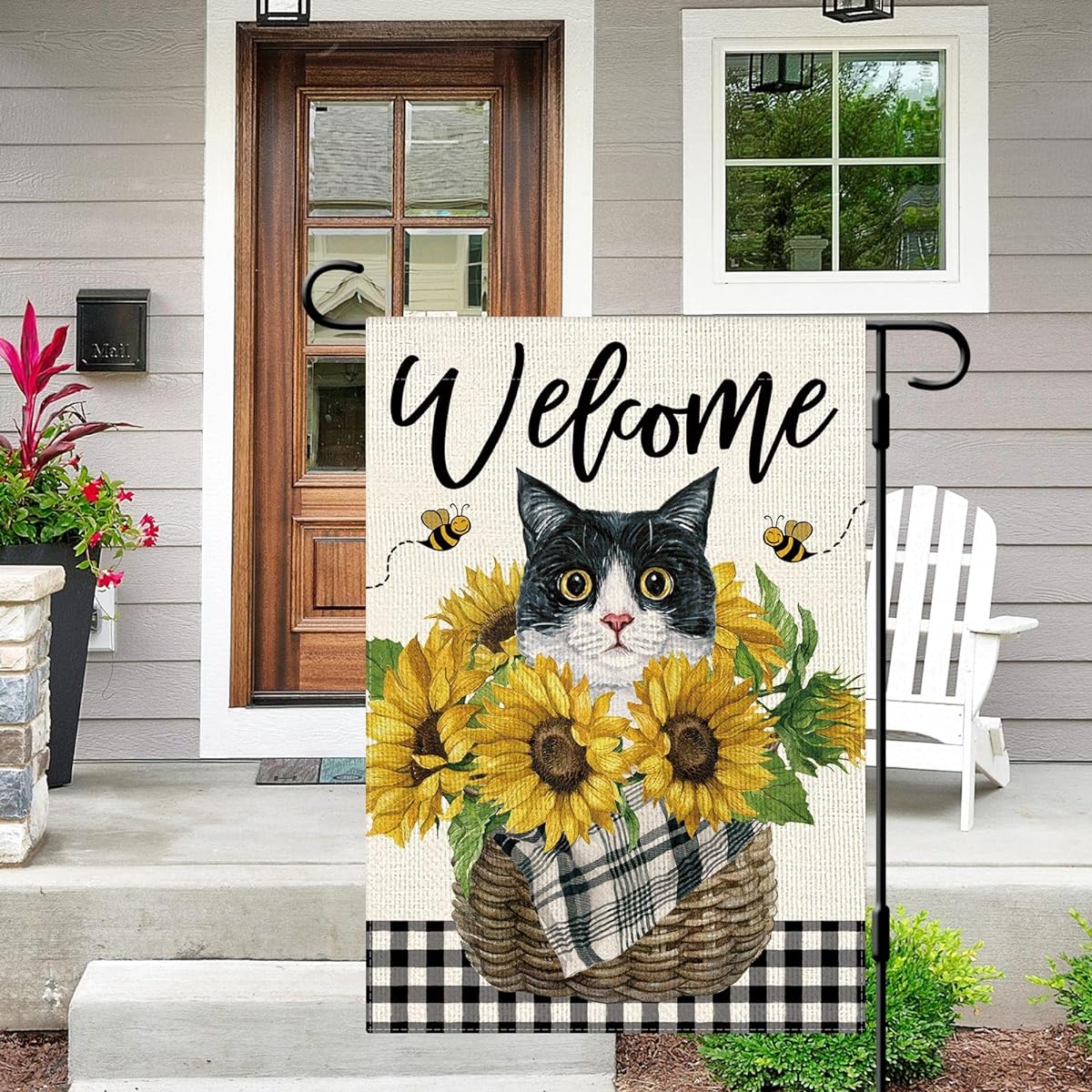 DLZDN Sunflower Cat Garden Flag Tuxedo Cat Garden Flag 12x18 Inch Vertical Double Sided Buffalo Plaid Summer Bee Flower Cat Welcome Farmhouse Holiday Outdoor Decor Burlap Yard Flag