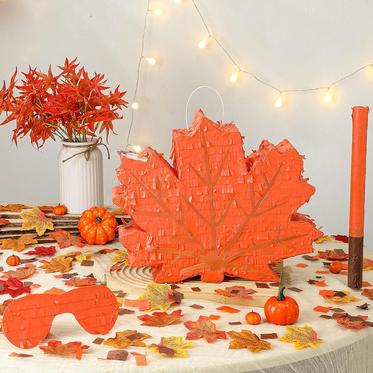 Maple Leaf Pinata with Stick Blindfold and Confetti, 100 Pieces Artificial Fall Maple Leaves, Fall Pinata for Thanksgiving Party Supplies Decorations Centerpieces Photo Props, 15 x 11.8 x 2.8 Inches