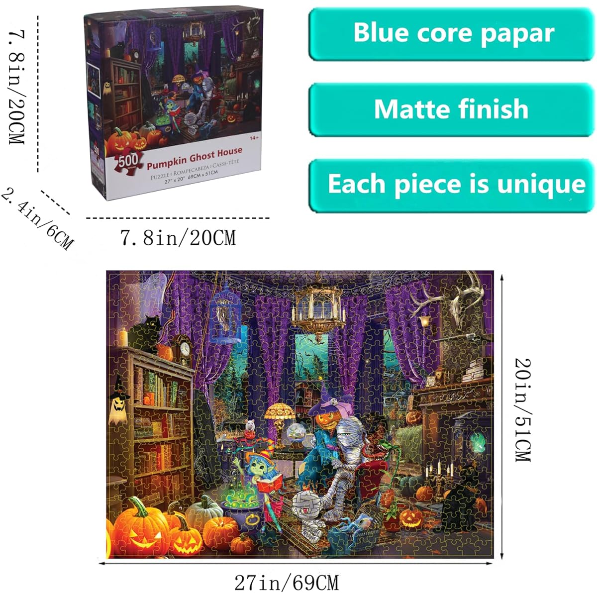 Halloween Fright Night 500 Piece Jigsaw Puzzle for Adults 27" x 20" Large Puzzle for Halloween Decorations Family Party Holidays - Each Piece is Unique