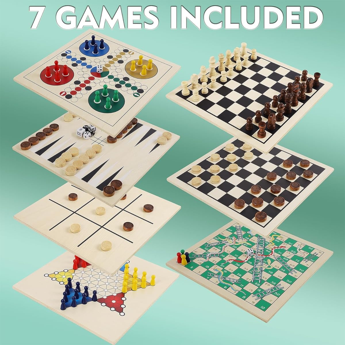 Juegoal 7-in-1 Wooden Board Game Set for Kids and Adults, Tabletop Combo Classic Travel Portable Board Games (Chess, Checkers, Chinese Checkers, Backgammon, Parches, Snakes and Ladders, Tic Tac Toe)