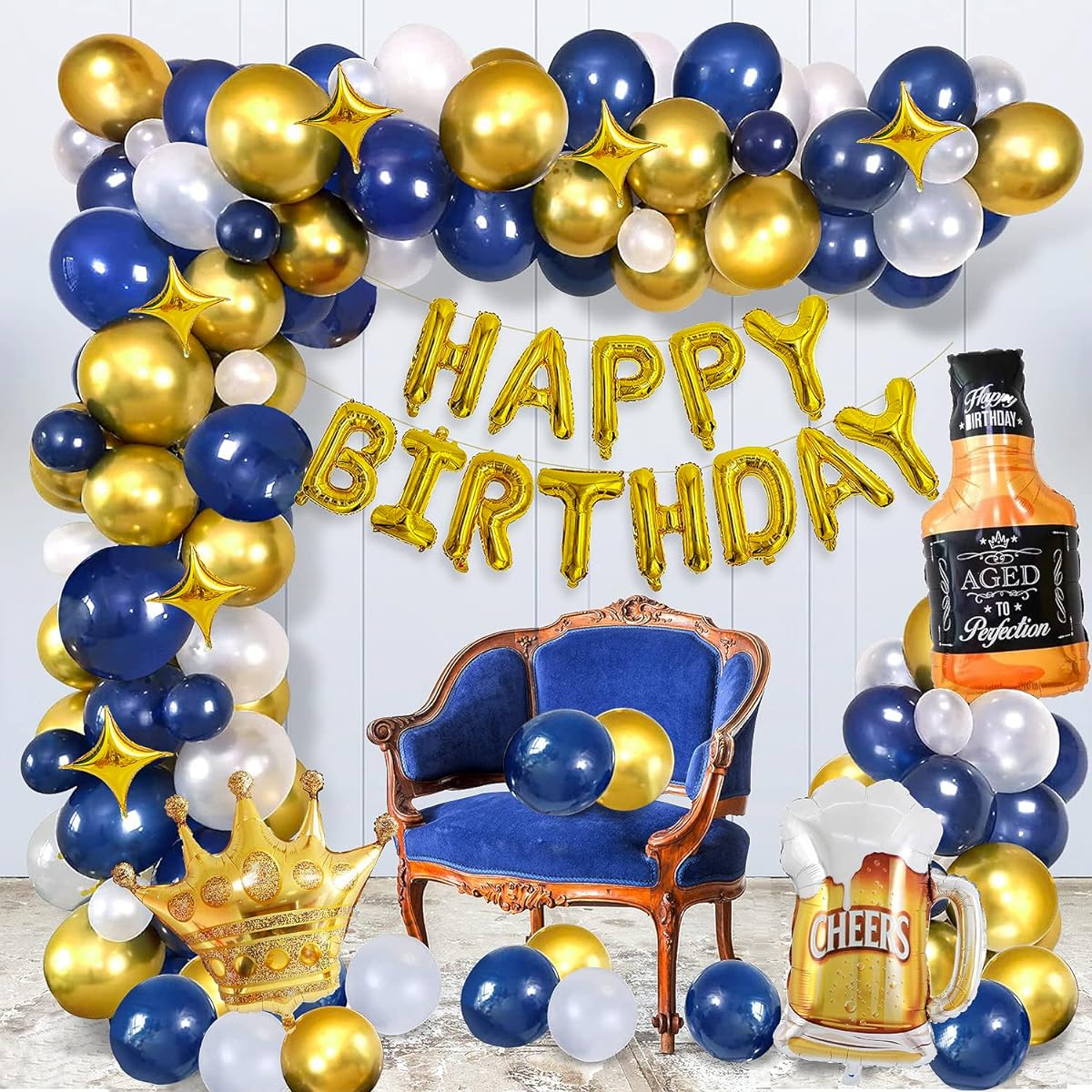 Navy Blue Gold Birthday Party Decorations for Men Happy Birthday Banner Decorations with Crown Balloons, Champagne Foil Balloons, Beer Cup Balloons, Birthday Party Supplies