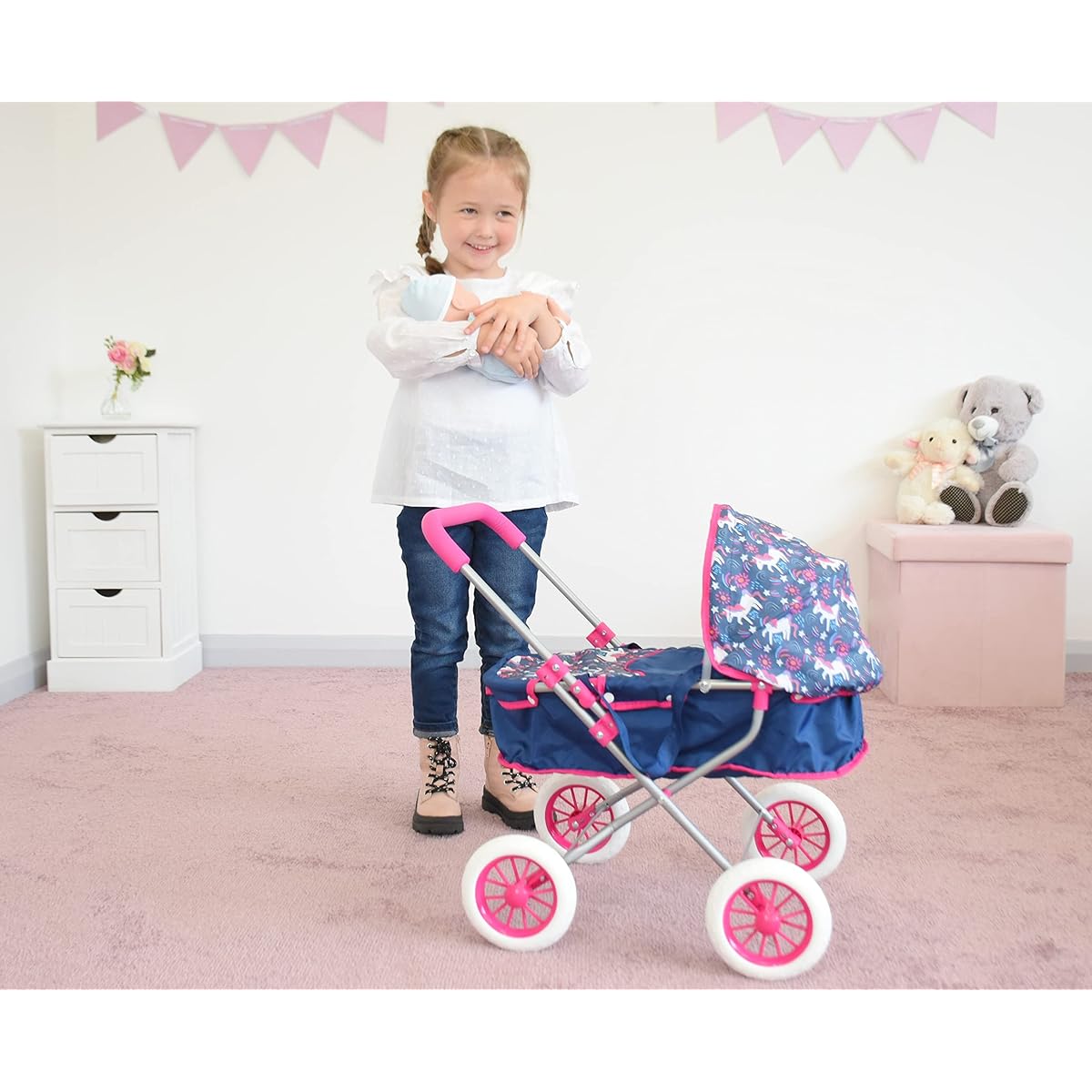KOOKAMUNGA Kids Baby Doll Stroller with Detachable Bassinet | Realistic 2-in-1 Toy Plum Carrycot and Retractable Canopy - Navy Unicorn (Navy Unicorn)