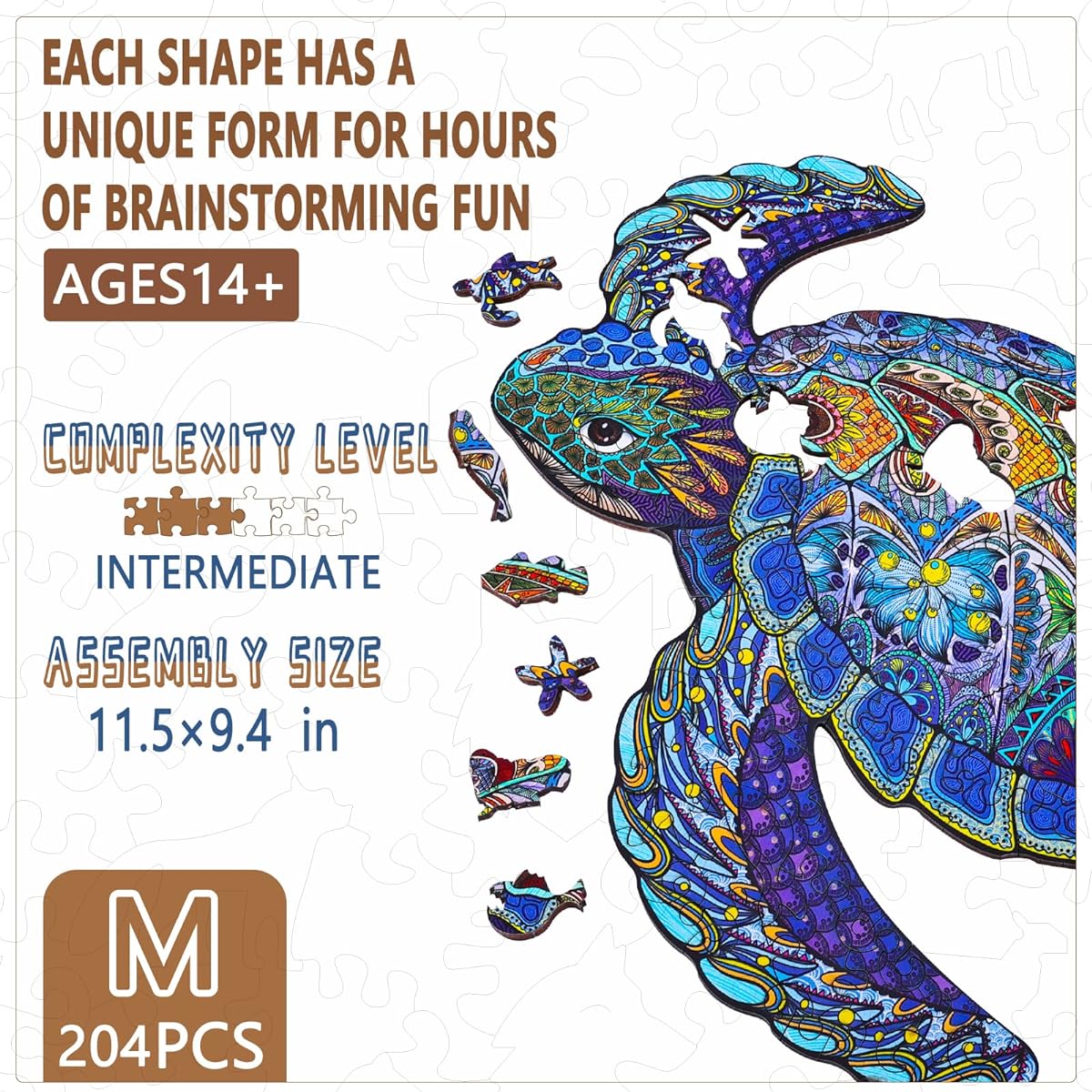 AAGOOD Wooden Puzzle for Adults Sea Turtle Wooden Puzzle Jigsaw Unique Animal Shape Pieces Longevity Sea Turtle Puzzle Best Gift for Adults/Kids/Toddlers 204 Pieces (11.5x9.4 Inch) Medium