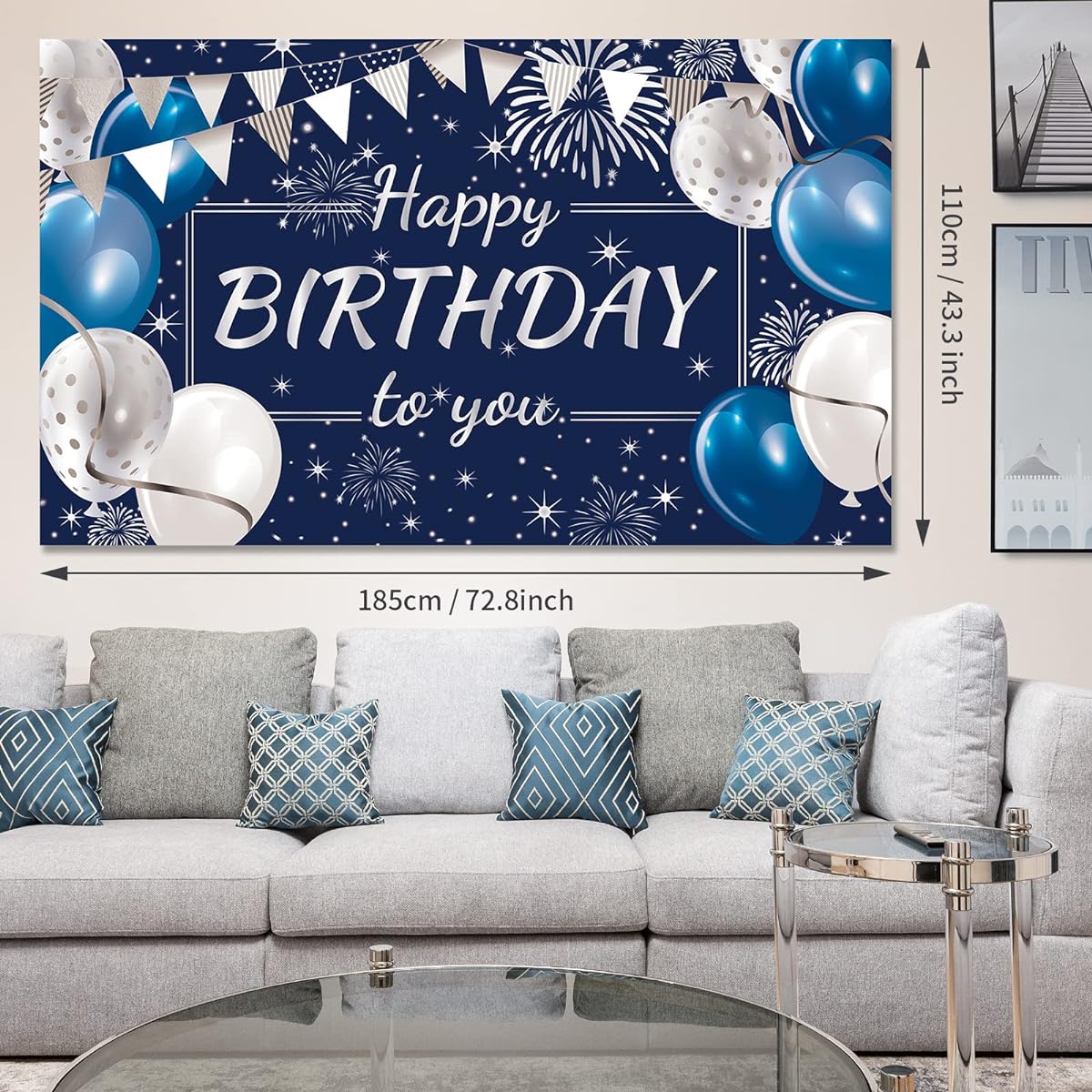 Happy Birthday Decoration Backdrop Banner Birthday Party Decoration Sign Photo Backdrop for Boys Girls Men Women Party Supplies 72.8 x 43.3 inches (Navy Blue and Silver)