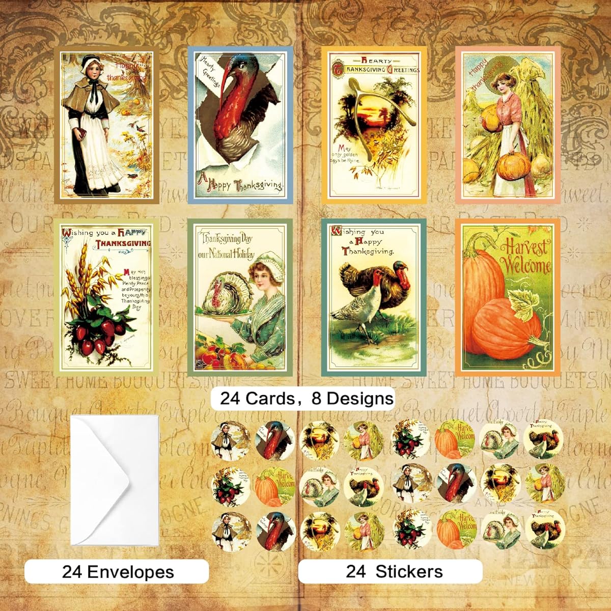 Thanksgiving Vintage Greeting Cards 24 Count Bulk Thanksgiving Cards for Family Thanksgiving Cards with Envelopes Fall Holiday Party Celebration Harvest Happy 4 x 6 Inch