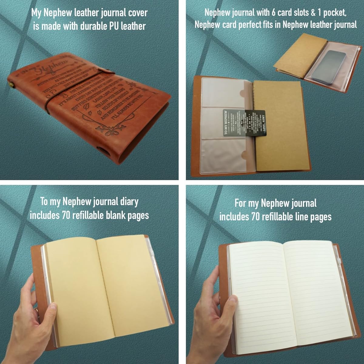 Nephew Gifts from Auntie Nephew Leather Writing Journal 140 Pages Refillable Notebook Graduation Card for Nephew Nephew Keychain I Love My Nephew/Happy Birthday Nephew/Graduation Christmas Gift