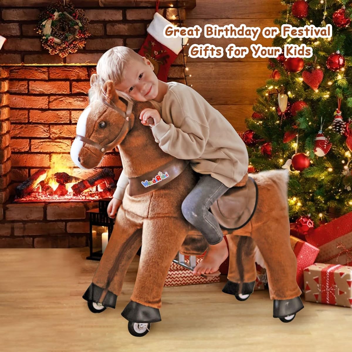 WondeRides Riding Toys, Horseback Riding Toys for Kids (Small Size 3, 30.1" Tall) for Ages 3-5, Pony Ride Plush Stroll Animal Mechanical Riding with Wheels, No Batteries or Electricity Required