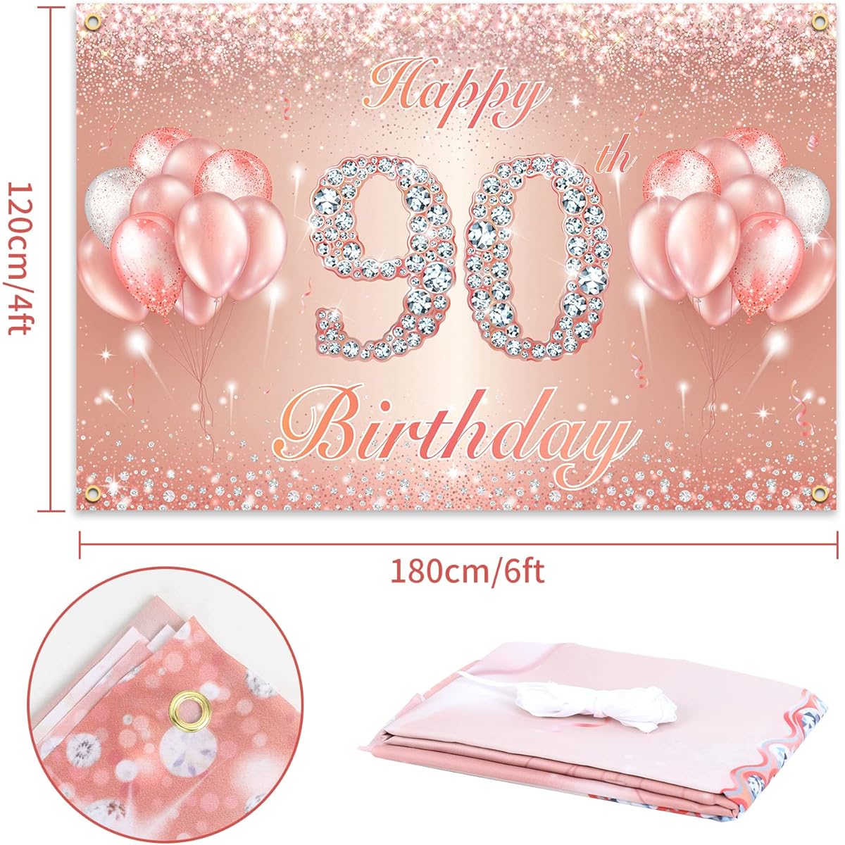 Happy 90th Birthday Banner Backdrop - 90th Birthday Party Decorations Supplies for Women or Men - Rose Gold 4 x 6 Feet