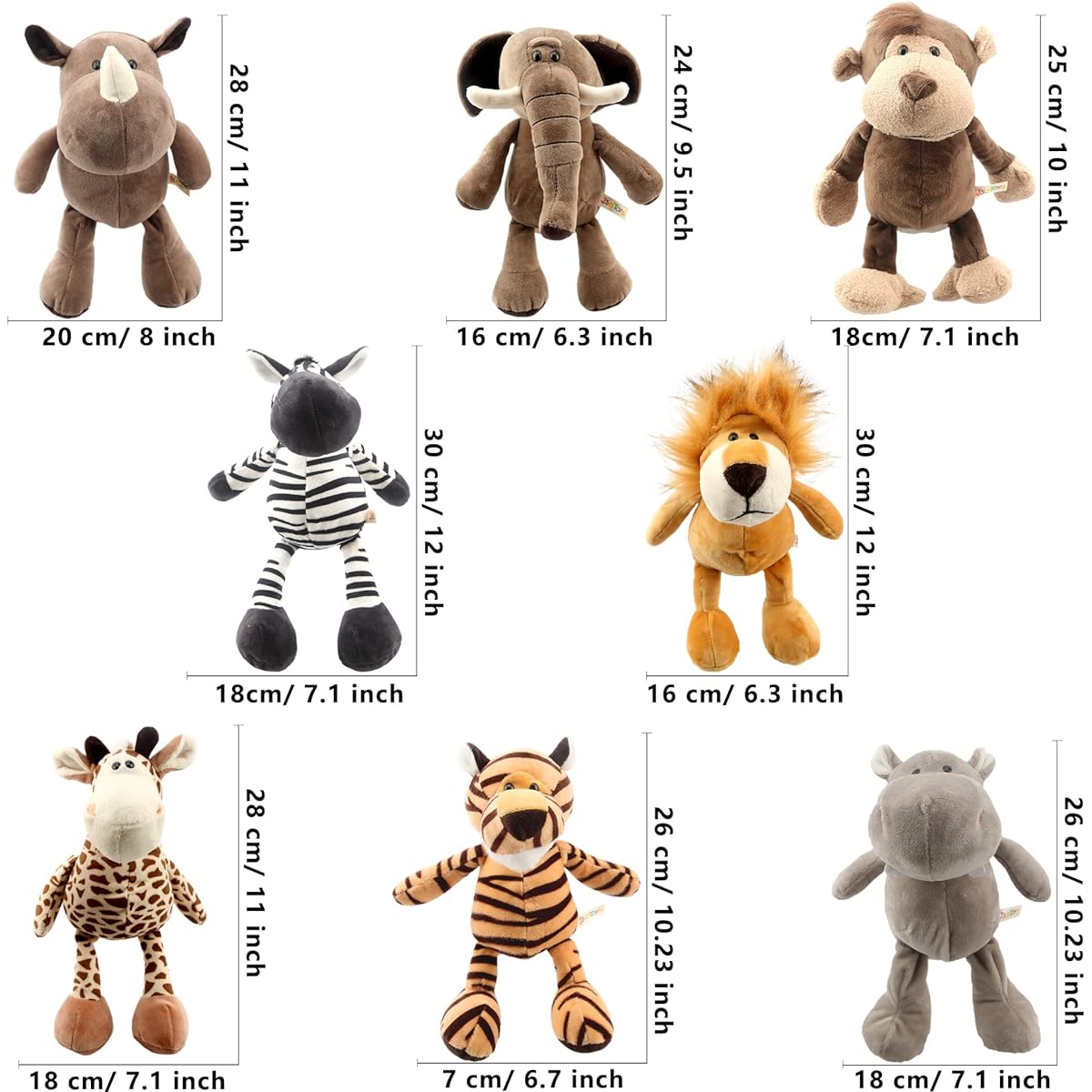Haconba 8 Piece 11 Inch Jungle Animal Stuffed Animals Lion Elephant Zebra Giraffe Tiger Monkey Rhino Hippo Safari Plush Toy Set for Jungle Safari Zoo Theme Party