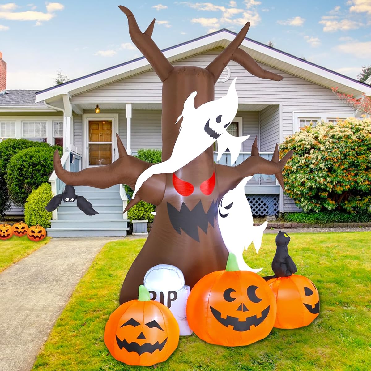 Dawdix 8ft Halloween Inflatable with Halloween Blowup Cat, 3 Pumpkin Lanterns, Ghost and 2 Gravestones Built-in LED Light for Holiday Party Garden Lawn Halloween Decorations