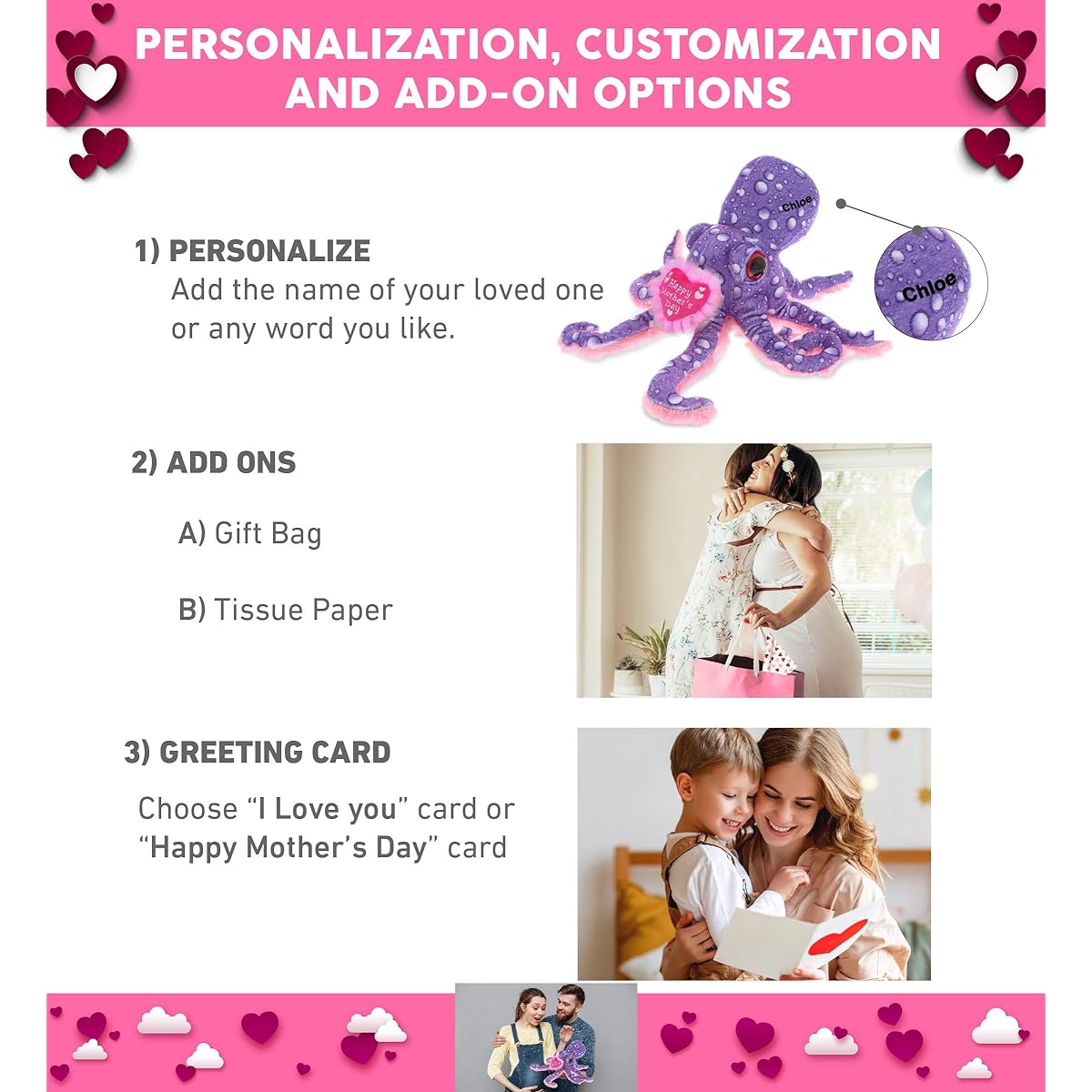 DolliBu Happy Mother's Day Wild Collection Plush Purple Octopus - Cute Stuffed Animal Gift with Pink Heart Message for Best Mom, Grandma, Wife, Daughter - 12"