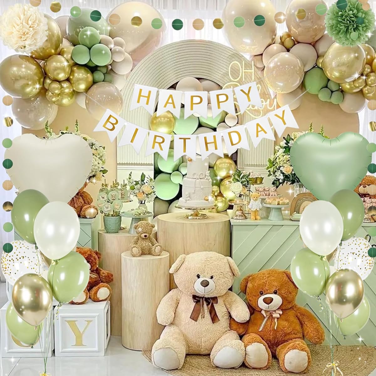 Sage Green & Golden Balloon Arch Kit with Balloons, Perfect for Birthday Decorations, Baby Shower, Enchanted Forest Decor, Sage Green Balloon Garland Kit for Boys & Girls