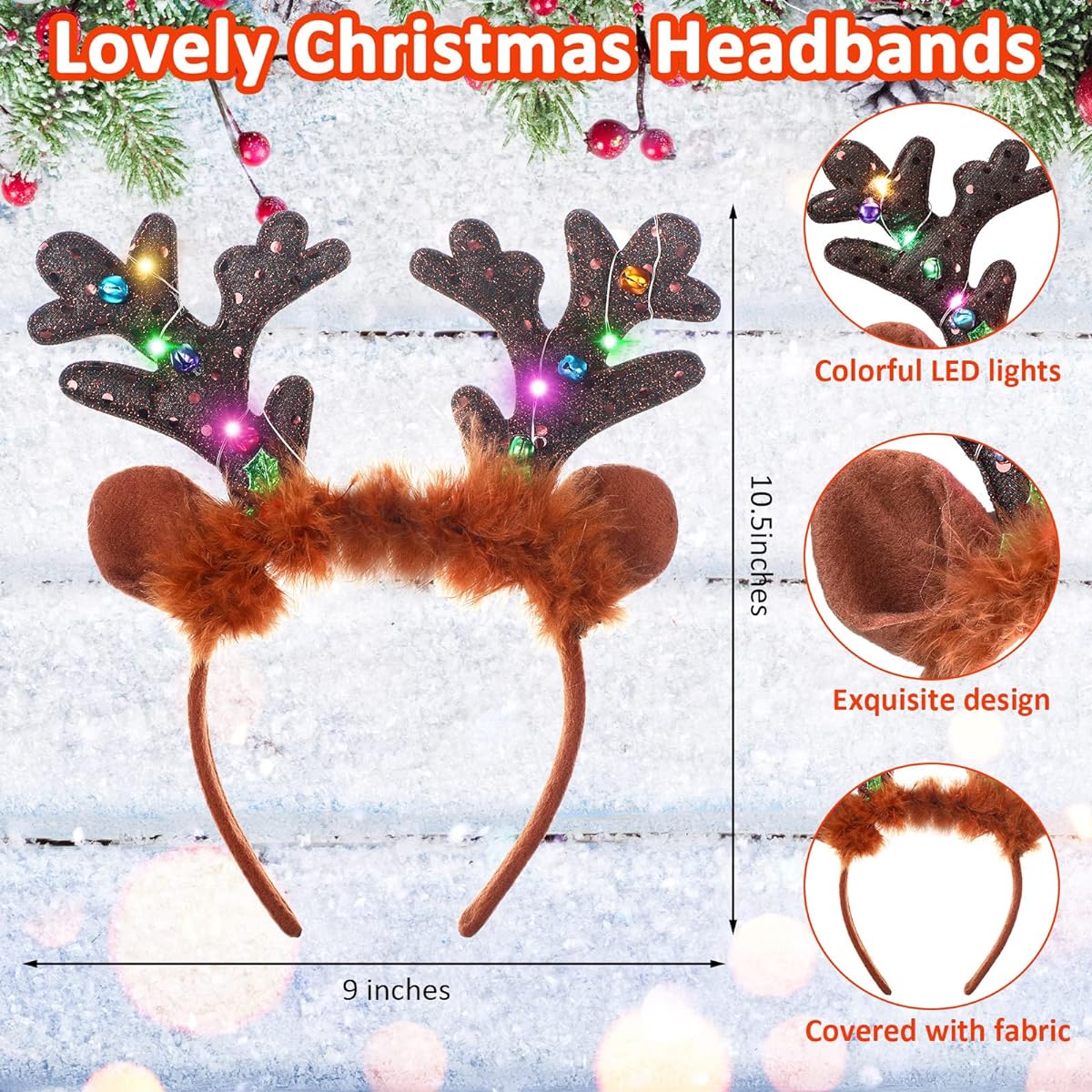 Reindeer Headband Party Pack LED Light Up Christmas Reindeer Antlers Headband with Ears Glowing Brown Reindeer Hair Hoop Accessories Bulk Purchase for Kids Adults Women Christmas Holiday Party Supplies 16 Pieces