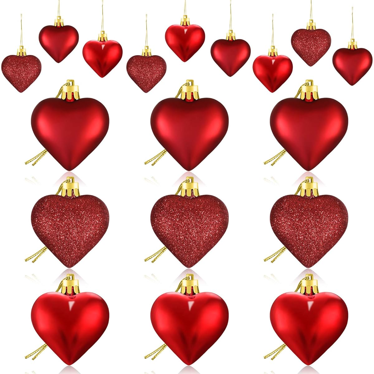 Valentine's Day Heart Ornaments, 3 Heart Baubles, Heart Shaped Christmas Tree Baubles, Heart Hanging Decorations, Valentine's Day, Wedding Anniversary, 2 Sizes (Red, 30 Pieces)