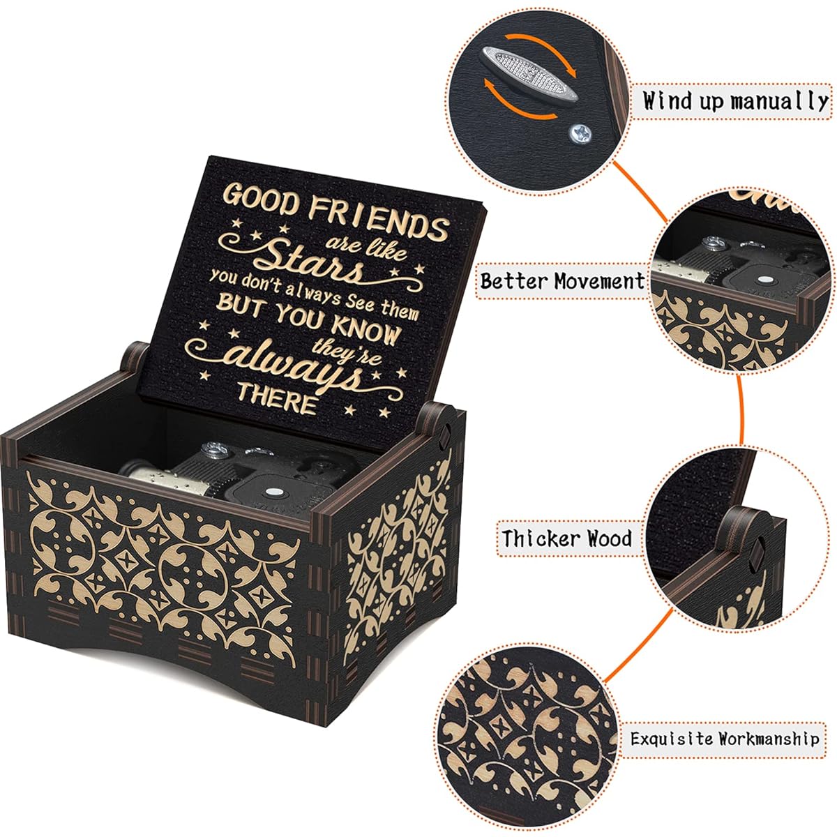 Mechanism Wooden Music Box Friend Gifts for Her Good Friends are Like Stars Engraved Wooden Musical Gift BFF Birthday Gifts for Friends Women Female Going Out Gifts Best Friend Moving In
