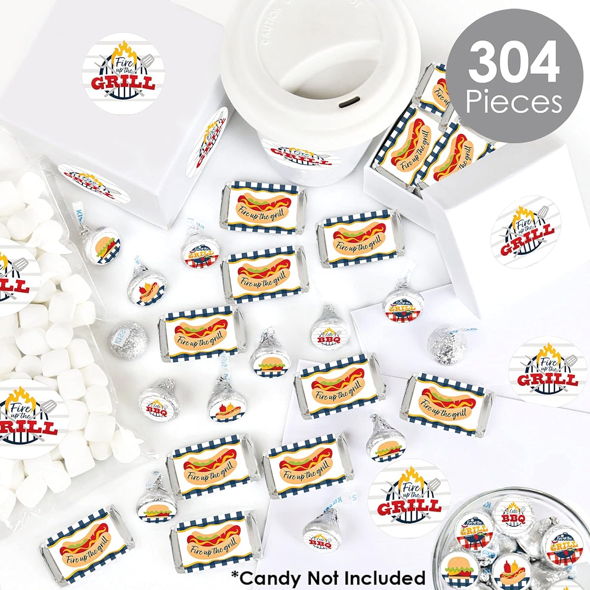 Big Dot of Happiness Fire Up The Grill - Mini Candy Burlaps, Round Candy Stickers and Circle Stickers - Summer BBQ Picnic Party Candy Favors Sticker Kit - 304 Pieces