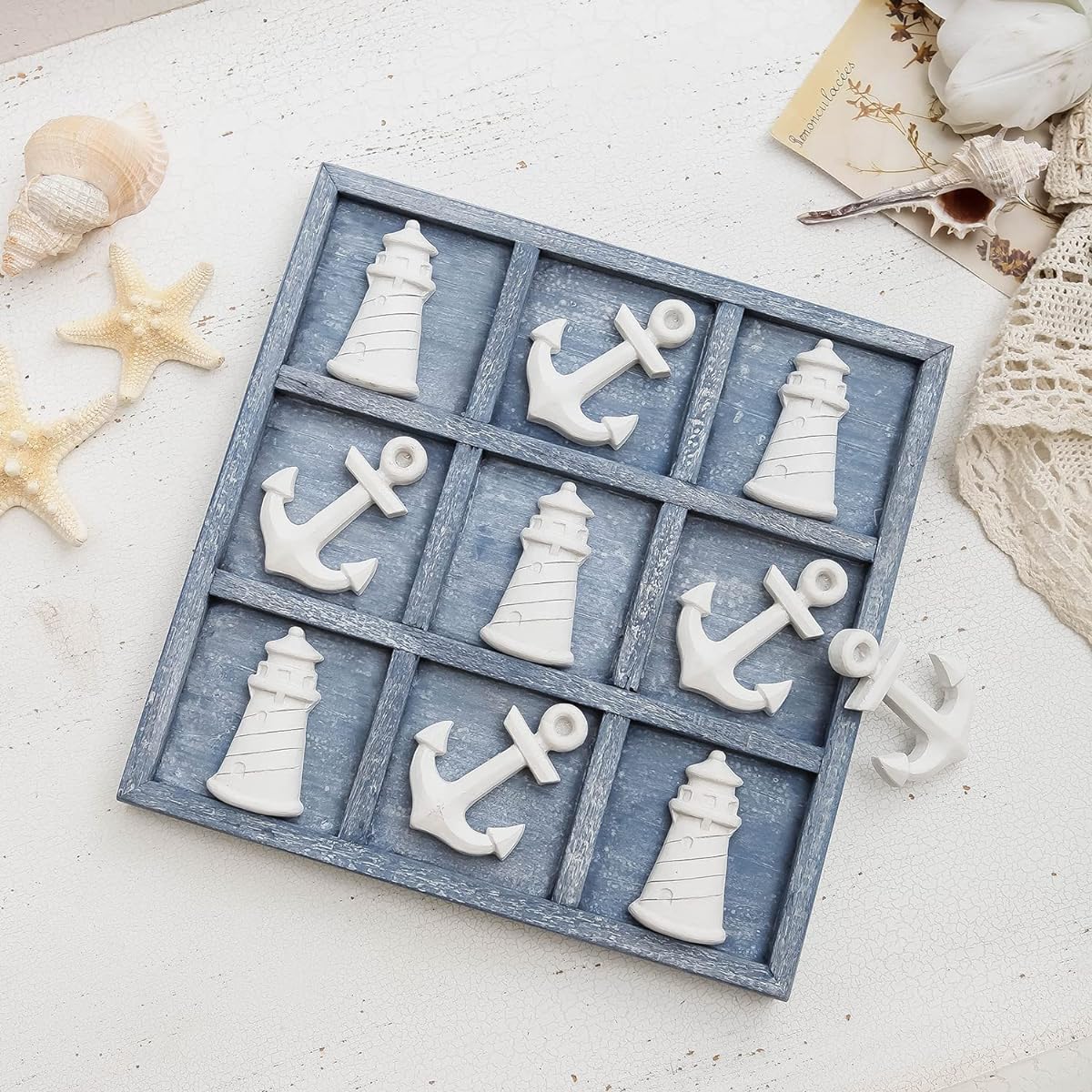 NIKKY HOME Beach Tic Tac Toe Wooden Game 5 Anchors & 5 Lighthouses Wooden Board Travel Game for Kids Family Coastal Home Coffee Table Decor Antique Blue