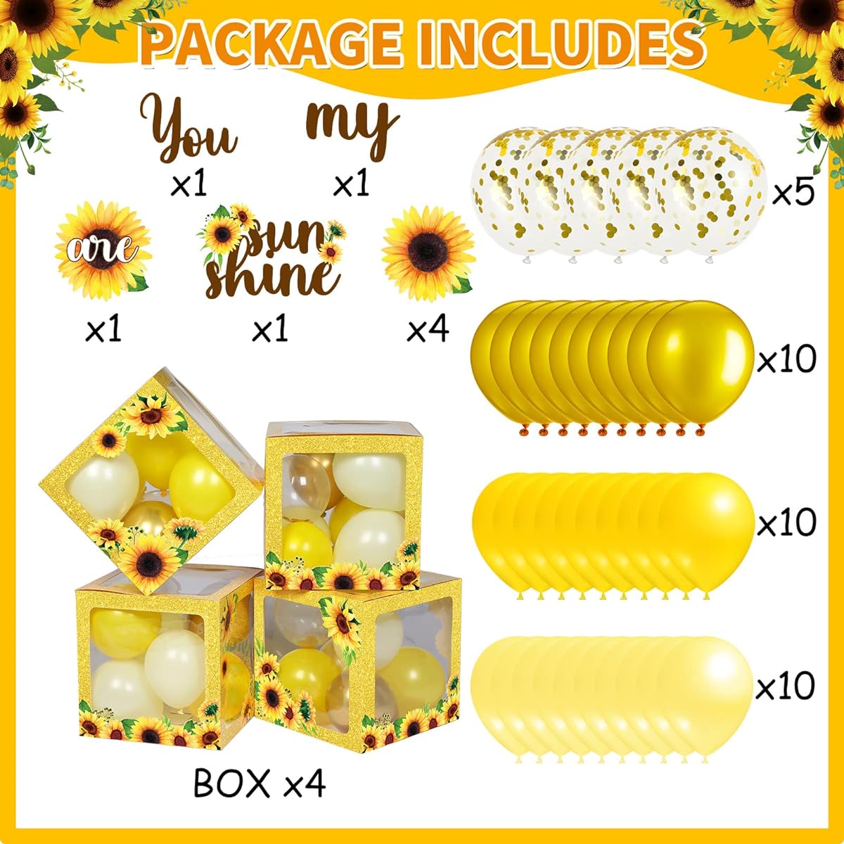 Honoson 54 Pieces Sunflower Party Decorations Sunflower Balloon Box with LED Light String You Are My Sunshine Transparent Balloon Block Sunflower Birthday Party Baby Shower Wedding Supplies