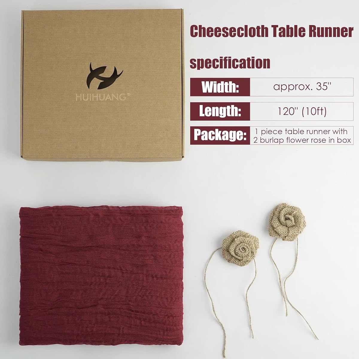HUIHUANG Cheesecloth Table Runner Burgundy