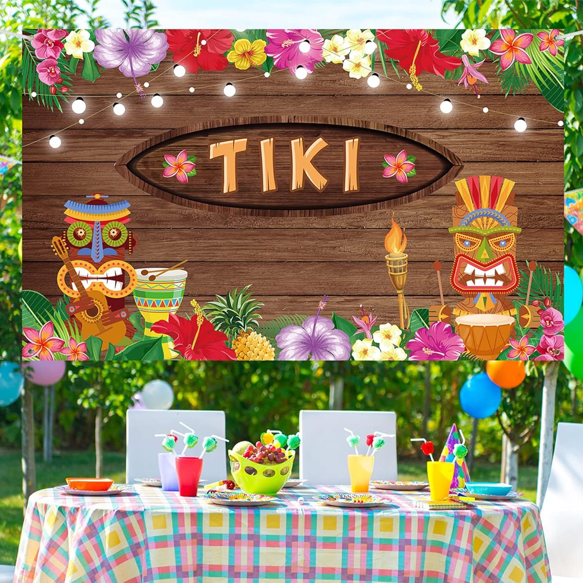 Tiki Banner Summer Backdrop Photography Background Luau Party Decorations Tropical Hawaiian Rustic Wooden Floral Birthday Baby Shower Musical Party Supplies Photo Booth Props
