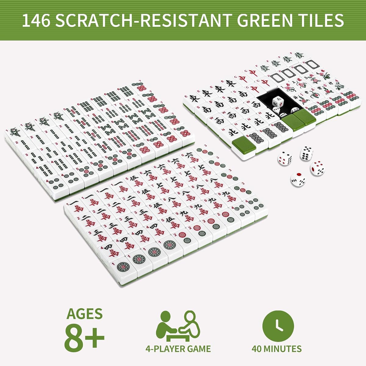 TWBTC 30mm(1.2") Chinese Green Mahjong Set - 144 + 2 Numbered Tiles, Travel-Friendly with Accessories - Ideal for Family Gatherings and Game Nights