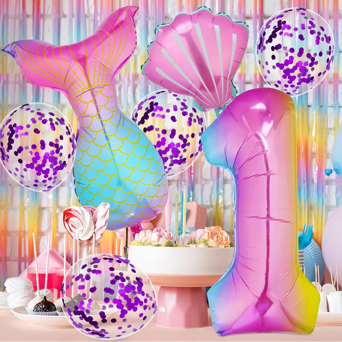 Mermaid Birthday Decorations, Mermaid Balloons, Mermaid Theme Party Supplies, Mermaid Tail Balloons, Seashell Balloons, 1st Birthday Balloons, Mermaid Latex Confetti Balloons (7pcs)