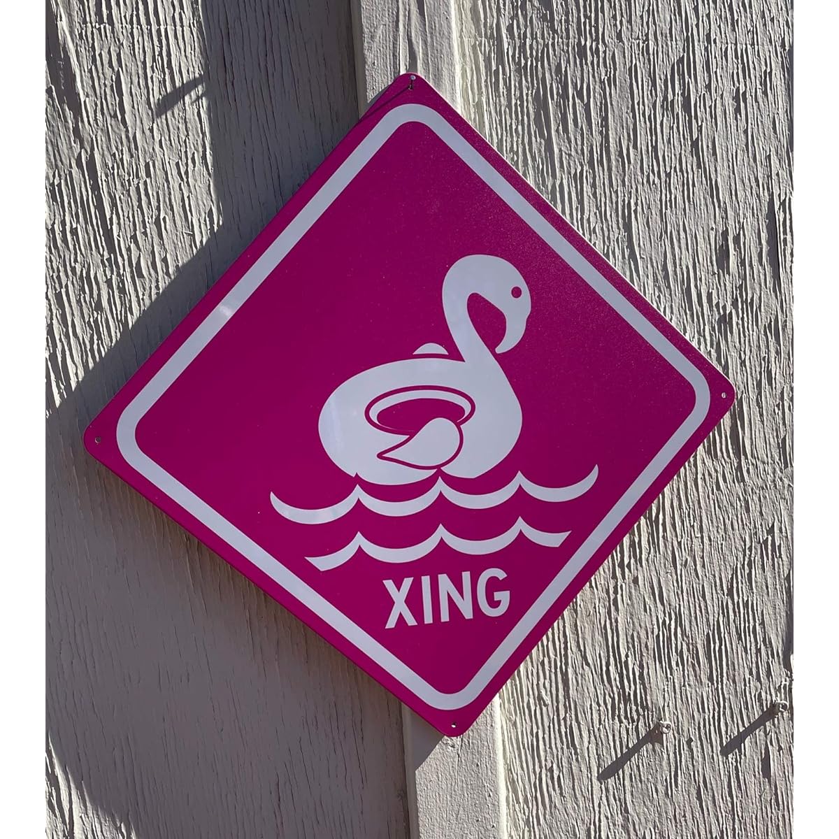 Toothsome Studios Pink Flamingo Pool Float Crossed 12" x 12" Tin Pool Sign