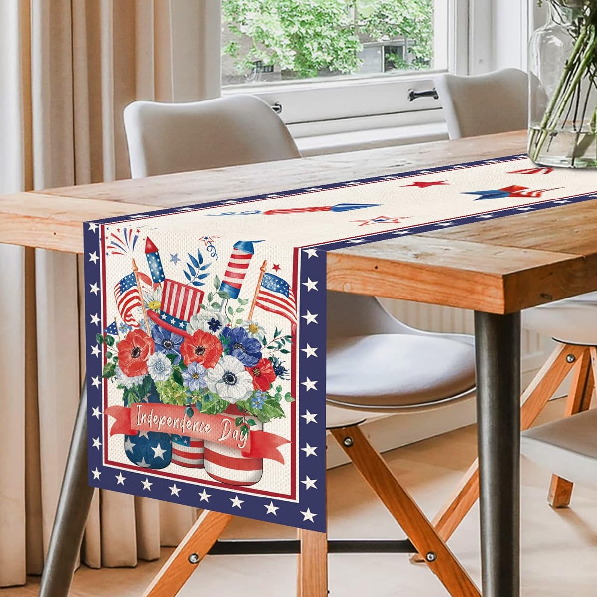 Glass Mason Jar 4th of July Patriotic Day Table Runner Independence Day Holiday Kitchen Dining Table Decoration for Indoor/Outdoor/Home Party Decoration 13 x 72 inches