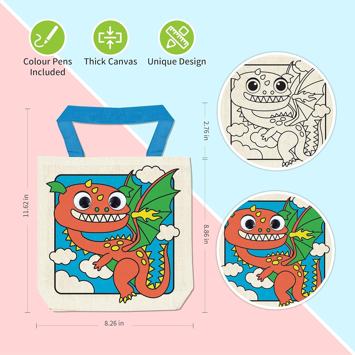 VKPI Coloring Goodie Bags for Kids, Reusable Canvas Bags Cute Art Party Favors DIY Painting Birthday Carnival Celebration Party Supplies Gifts for Girls Boys 12pcs