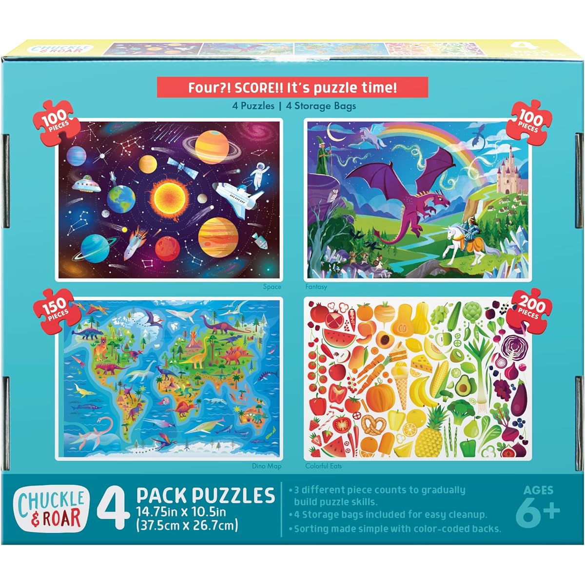 Chuckle & Roar - 4 Pack Space World Map Fantasy Food Puzzles - Large Pieces for Preschool Hands - 100 & 200 Piece Jigsaw Puzzles
