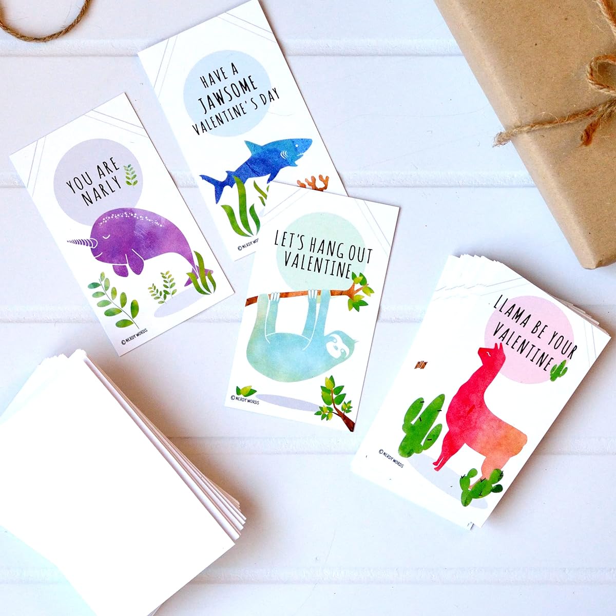 Nerdy Words Mini Llama Sloth Narwhal Shark Valentine (Wallet Size Card with Small Envelope) for Valentine's Day (Set of 32)