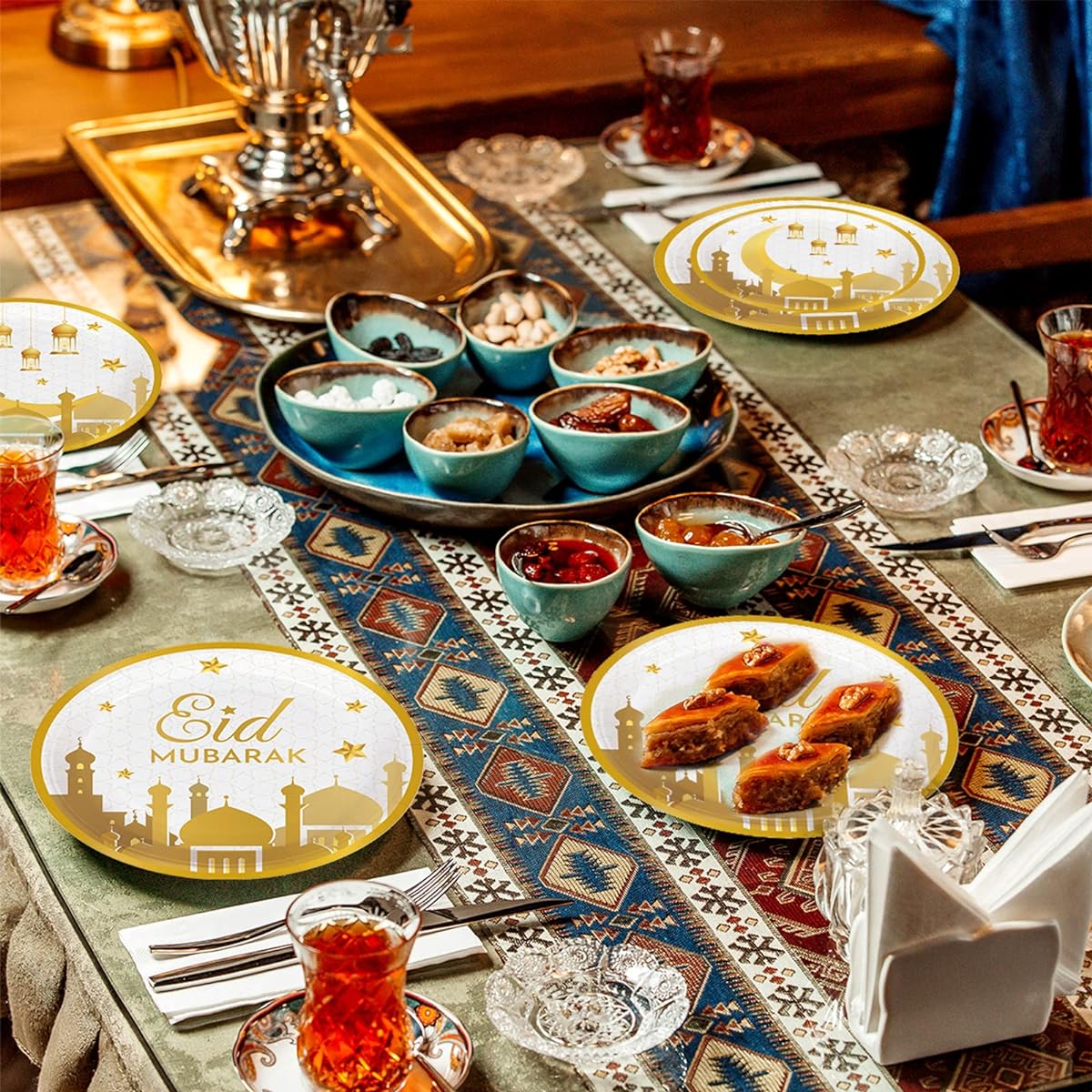QIFU Eid Mubarak Home Decoration 24-Serve Festival Paper Plates Dessert Plates Napkins Fork Set Eid al-Fitr Decor Eid al-Adha Festival Ramadan Mubarak Islamic Supplies